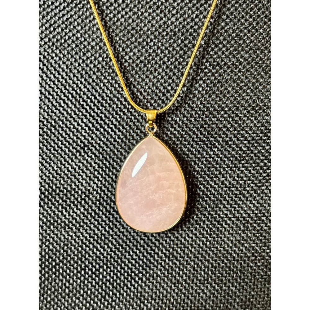 Rose Quartz Teardrop Pendant Necklace Gold Tone Stainless Steel Snake Chain 24"